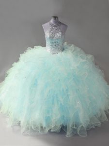 Affordable Light Blue Sleeveless Beading and Ruffles Floor Length Ball Gown Prom Dress