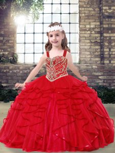 Red Ball Gowns Beading and Ruffles Child Pageant Dress Lace Up Tulle Sleeveless Floor Length