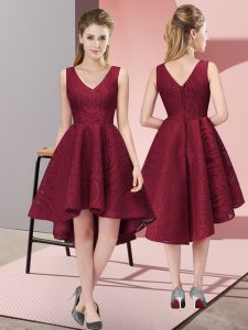 Captivating Sleeveless Lace High Low Zipper Bridesmaid Gown in Burgundy with Lace
