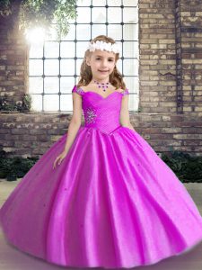 Sleeveless Tulle Floor Length Lace Up Little Girl Pageant Dress in Lilac with Beading