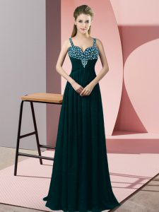 High Quality Peacock Green Sleeveless Floor Length Beading Zipper Dress for Prom