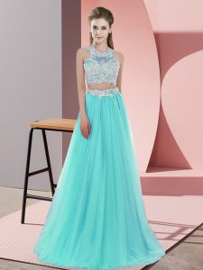 Modest Aqua Blue Sleeveless Tulle Zipper Bridesmaid Gown for Wedding Party
