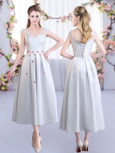 Silver Cap Sleeves Appliques Tea Length Wedding Party Dress
