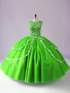 Flirting Green Ball Gowns Scoop Sleeveless Tulle Floor Length Zipper Beading and Appliques Sweet 16 Dresses