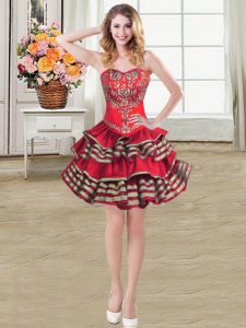 Unique Taffeta Sweetheart Sleeveless Lace Up Embroidery and Ruffled Layers in Wine Red