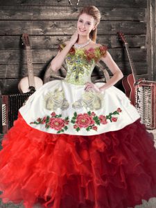 White And Red Ball Gowns Off The Shoulder Sleeveless Organza Floor Length Lace Up Embroidery and Ruffles Vestidos de Quinceanera