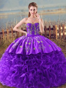Discount Purple Fabric With Rolling Flowers Lace Up Sweetheart Sleeveless Sweet 16 Dress Brush Train Embroidery and Ruffles