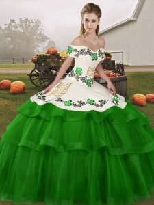 Lace Up 15th Birthday Dress Green for Military Ball and Sweet 16 and Quinceanera with Embroidery and Ruffled Layers Brush Train