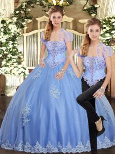 Customized Light Blue Tulle Lace Up Strapless Sleeveless Floor Length Sweet 16 Dress Beading and Appliques