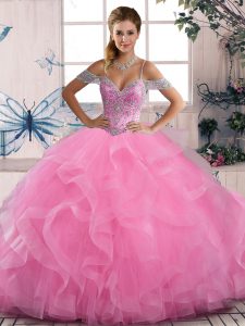 Rose Pink Lace Up Quinceanera Gown Beading and Ruffles Sleeveless Floor Length