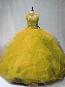 Olive Green Lace Up 15 Quinceanera Dress Beading and Ruffles Sleeveless Court Train