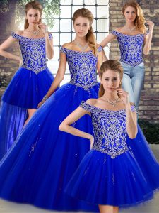 Floor Length Royal Blue Sweet 16 Dresses Tulle Sleeveless Beading