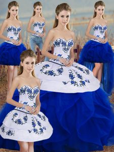 Simple Royal Blue Tulle Lace Up Quinceanera Gown Sleeveless Floor Length Embroidery and Ruffles and Bowknot