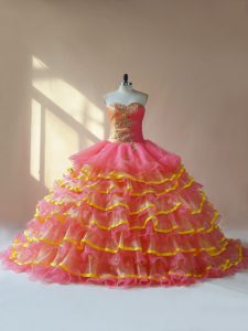 High Quality Sleeveless Organza Lace Up 15th Birthday Dress in Pink with Beading and Ruching