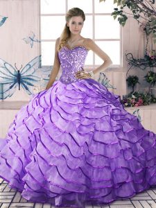 Lavender Ball Gown Prom Dress Sweet 16 and Quinceanera with Beading and Ruffled Layers Sweetheart Sleeveless Lace Up