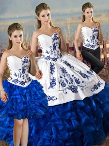 Chic Blue And White Sweetheart Lace Up Embroidery and Ruffles Sweet 16 Dresses Sleeveless