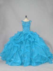 Glorious Sleeveless Brush Train Lace Up Beading and Ruffles Quince Ball Gowns