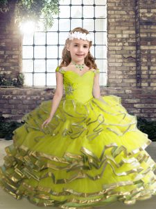 Perfect Straps Sleeveless Lace Up Pageant Dress for Girls Yellow Green Organza