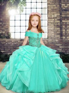 Sleeveless Floor Length Beading Lace Up Little Girls Pageant Gowns with Apple Green