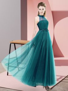 Elegant Floor Length Teal Quinceanera Court of Honor Dress Halter Top Sleeveless Lace Up