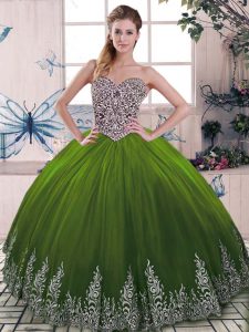 Olive Green Tulle Lace Up Sweetheart Sleeveless Floor Length Quinceanera Gown Beading and Embroidery