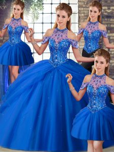 Blue Sleeveless Tulle Brush Train Lace Up Quince Ball Gowns for Military Ball and Sweet 16 and Quinceanera