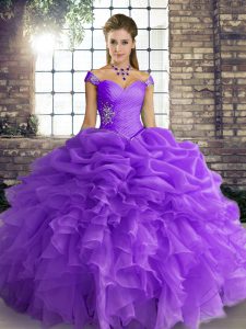 Luxurious Lavender Off The Shoulder Lace Up Beading and Ruffles and Pick Ups Quinceanera Dresses Sleeveless