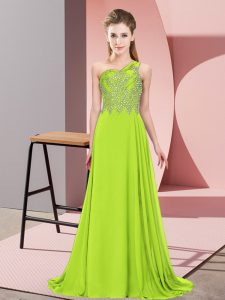Chiffon One Shoulder Sleeveless Side Zipper Beading Prom Evening Gown in Yellow Green