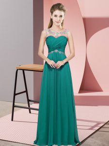 Ideal Scoop Sleeveless Evening Dress Floor Length Beading Turquoise Chiffon