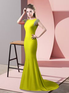 Short Sleeves Elastic Woven Satin Brush Train Backless Prom Gown in Yellow Green with Beading