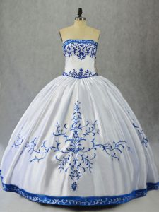 Blue And White Ball Gowns Satin Strapless Sleeveless Embroidery Floor Length Lace Up Ball Gown Prom Dress