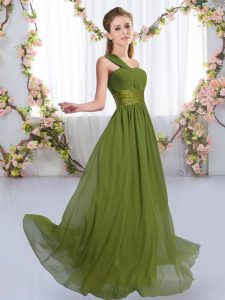 Olive Green Empire One Shoulder Sleeveless Chiffon Floor Length Lace Up Ruching Dama Dress for Quinceanera
