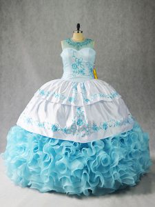 Extravagant Scoop Sleeveless Sweet 16 Dress Floor Length Beading and Embroidery and Ruffles Baby Blue Fabric With Rolling Flowers