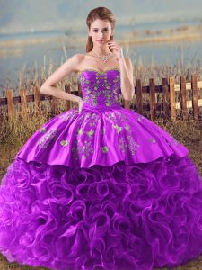 Eggplant Purple and Purple Quince Ball Gowns Sweet 16 and Quinceanera with Embroidery and Ruffles Sweetheart Sleeveless Brush Train Lace Up