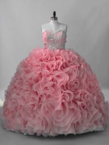 Pink Sleeveless Fabric With Rolling Flowers Brush Train Lace Up Quince Ball Gowns for Sweet 16 and Quinceanera
