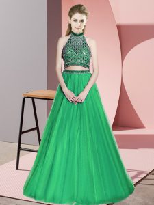 Green Three Pieces Halter Top Sleeveless Tulle Floor Length Lace Up Beading Prom Party Dress