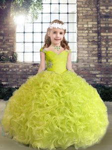 Beautiful Straps Sleeveless Fabric With Rolling Flowers Kids Pageant Dress Beading and Ruffles Lace Up