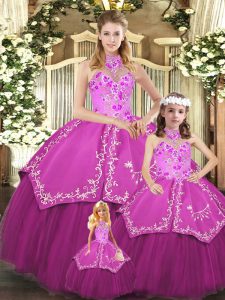 Embroidery Quinceanera Dresses Fuchsia Lace Up Sleeveless Floor Length