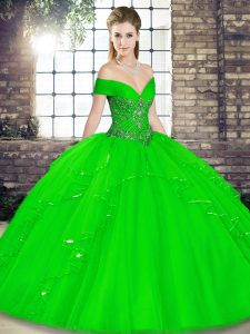 Floor Length Lace Up 15 Quinceanera Dress Green for Military Ball and Sweet 16 and Quinceanera with Beading and Ruffles