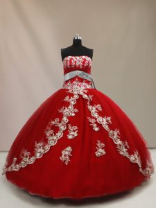 Pretty Red Lace Up Quinceanera Gowns Appliques Sleeveless Floor Length