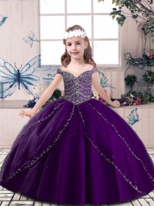 Cheap Eggplant Purple Straps Neckline Beading Pageant Dress Toddler Sleeveless Lace Up