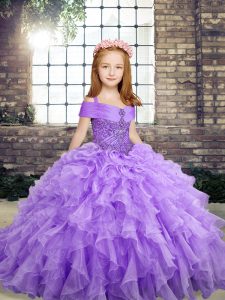 Beauteous Lavender Straps Neckline Beading and Ruffles Pageant Gowns For Girls Sleeveless Lace Up
