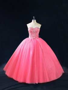 Hot Pink Ball Gowns Sweetheart Sleeveless Tulle Floor Length Side Zipper Beading Quinceanera Dress