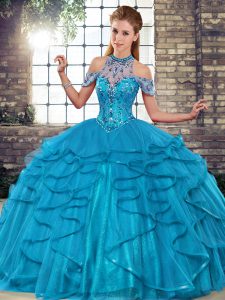 Fantastic Floor Length Blue Quinceanera Dresses Tulle Sleeveless Beading and Ruffles