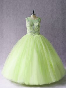 Free and Easy Yellow Green Tulle Lace Up Ball Gown Prom Dress Sleeveless Floor Length Beading