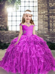 Hot Sale Fuchsia Ball Gowns Organza Straps Sleeveless Beading and Ruffles Floor Length Lace Up Little Girls Pageant Dress Wholesale
