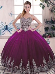 Classical Fuchsia Ball Gowns Beading and Embroidery Quinceanera Dresses Lace Up Tulle Sleeveless Floor Length