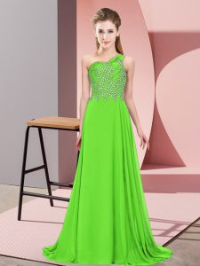 Luxury One Shoulder Sleeveless Celebrity Inspired Dress Floor Length Beading Green Chiffon