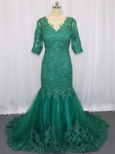 Half Sleeves Brush Train Lace Up Lace and Appliques Evening Dress