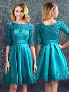 Artistic Teal Empire Satin Scoop Half Sleeves Lace Knee Length Zipper Quinceanera Court Dresses